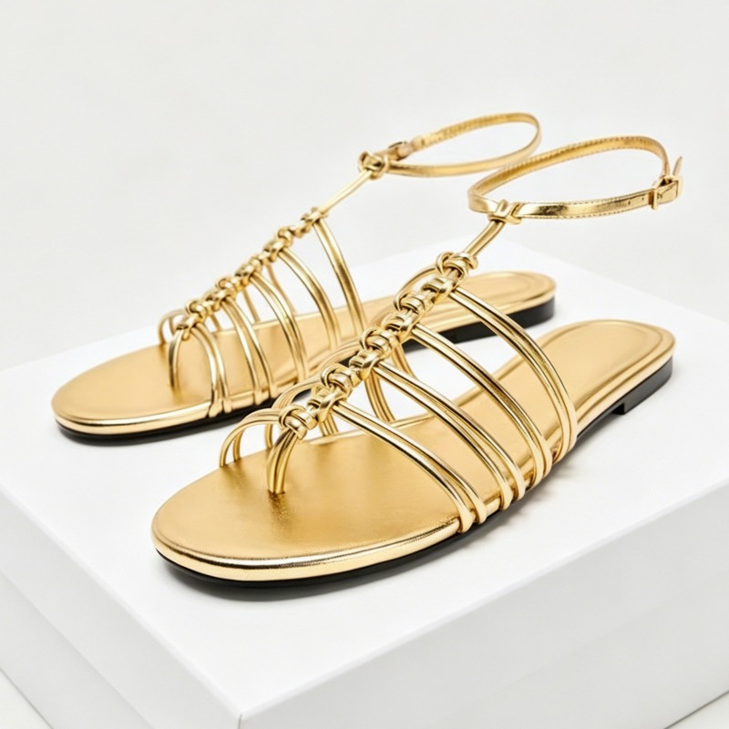 Women Shoes Brand - Metal Effect Flat Sandals Women Multi-straps