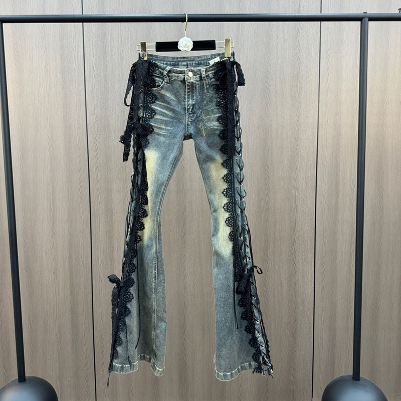 Lace Up Flare Jeans Retro Stit - đánh giá và giá Women Shoes Jeans