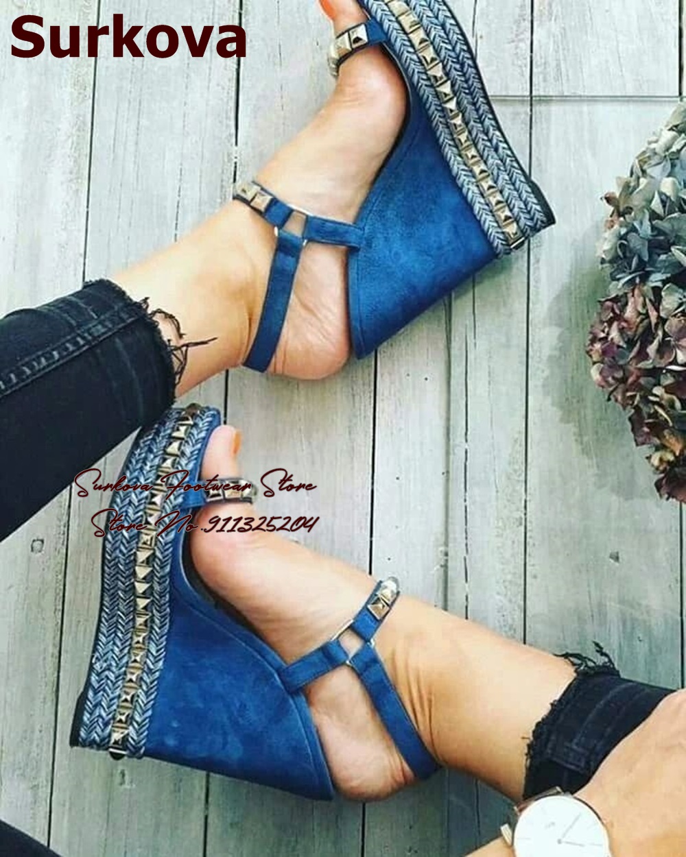 Surkova Blue Denim Wedge Heel  - đánh giá và giá Women Shoes Jeans
